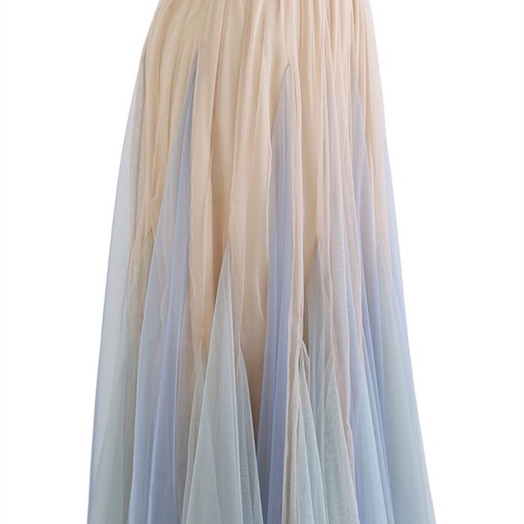 COLOR BLOCK PANELLED MESH FRILLING MAXI SKIRT IN APRICOT small/medium - Picture 7 of 16